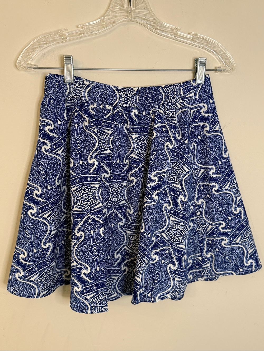THML ornate boho blue white mini skater skirt SZ M
